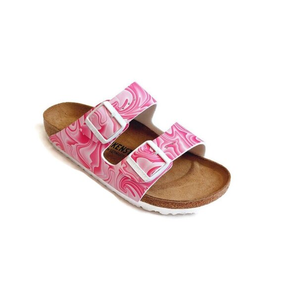 Birkenstock Arizona Birko-Flor Sandals Womens 6 Marble Twirl Fuchsia Tulip Pink